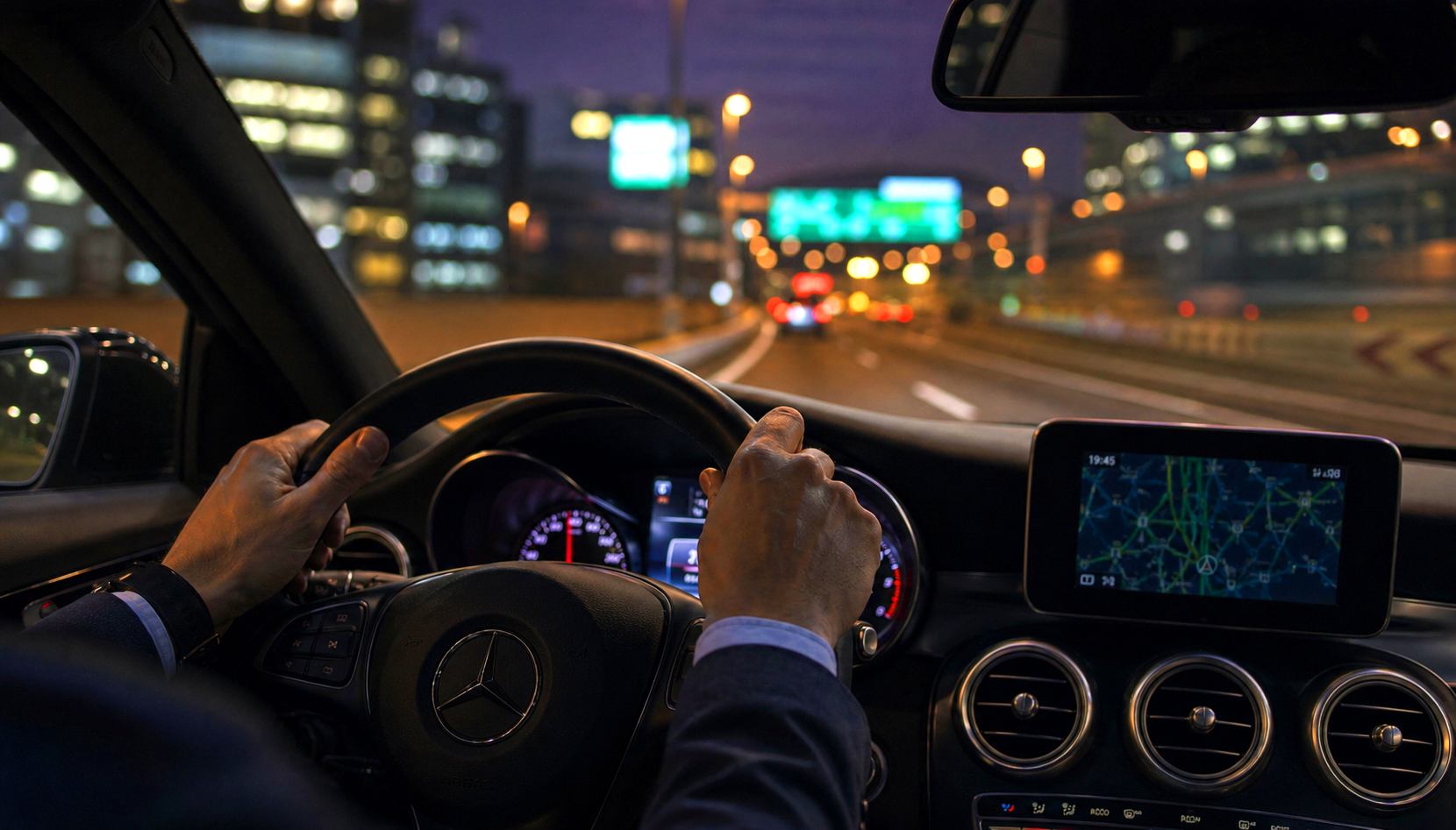 夜の首都高を走る車の運転席からの眺め